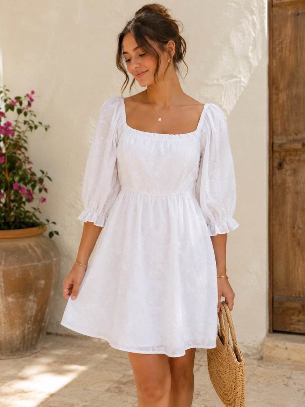White Embroidered Puff Sleeve Mini Dress | Square Neck | Boho Size 2XL